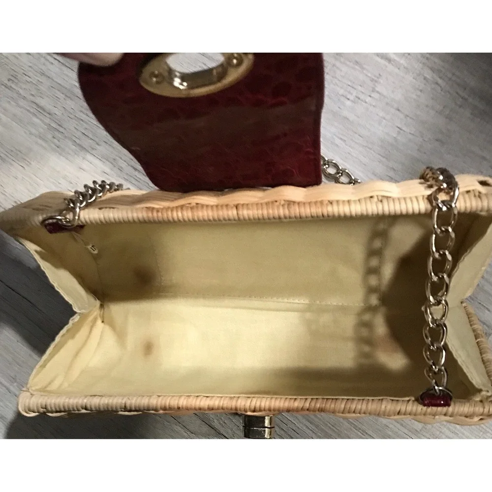 Vintage Straw Woven Handbag Red Leather Accents with Gold Chain